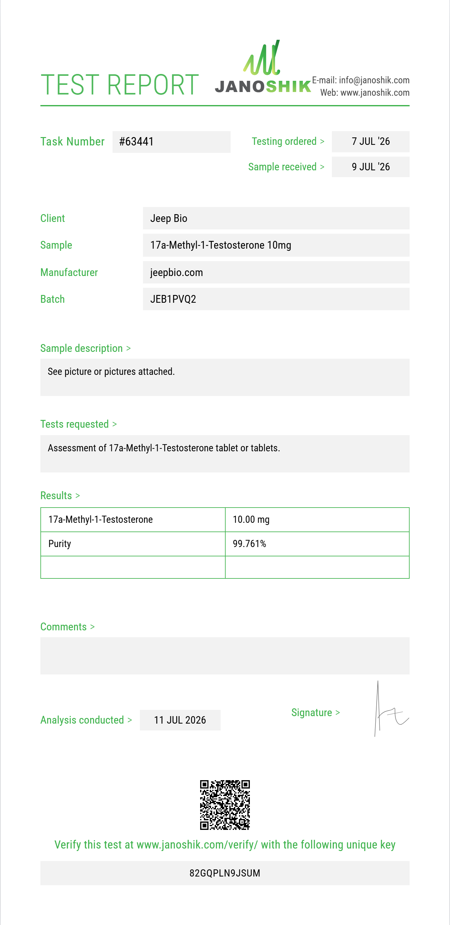 17a-Methyl-1-Testosterone Purity (HPLC) report by Janoshik Analytical
