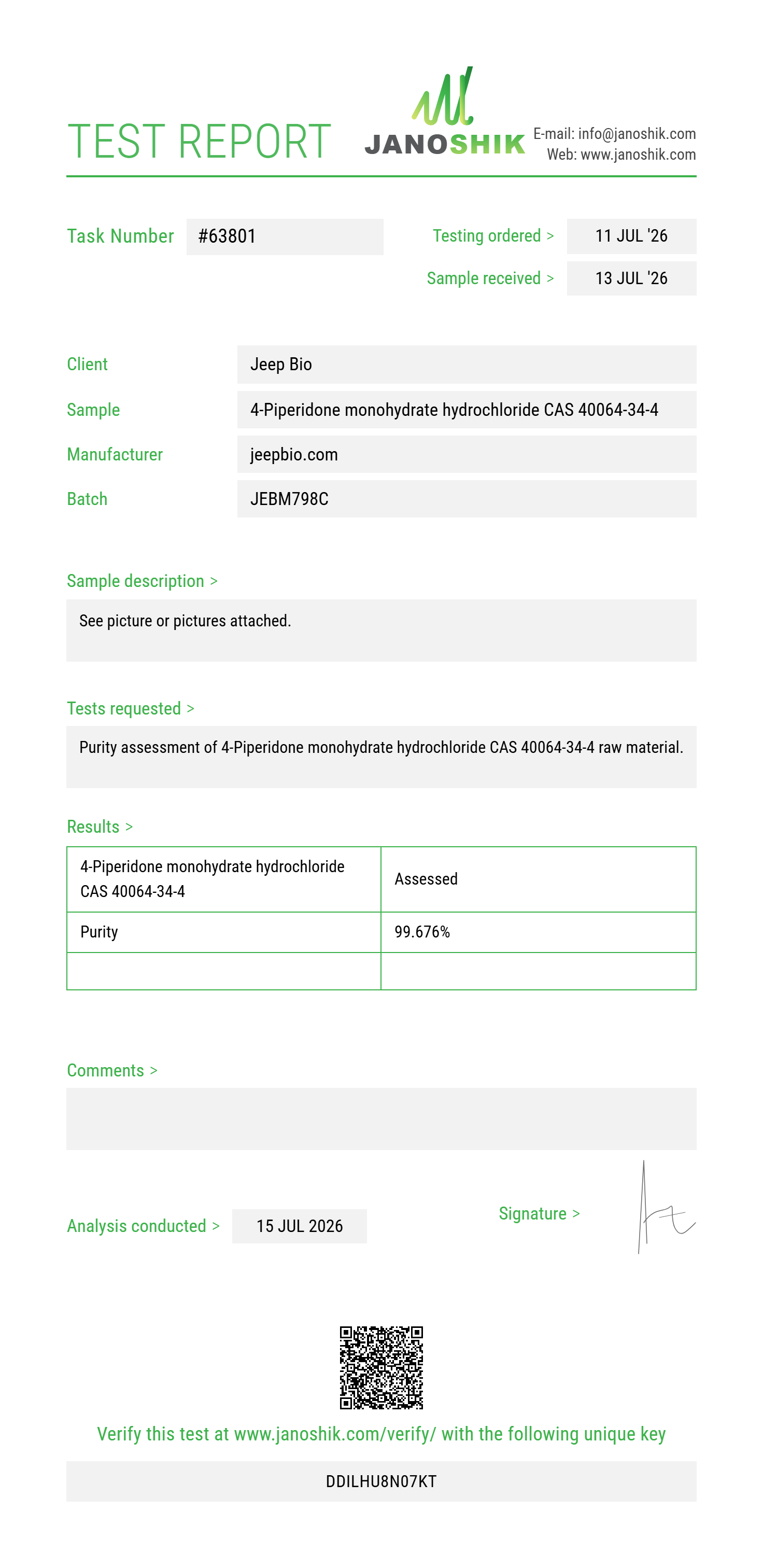 4-Piperidone monohydrate hydrochloride CAS 40064-34-4 Purity (HPLC) report by Janoshik Analytical