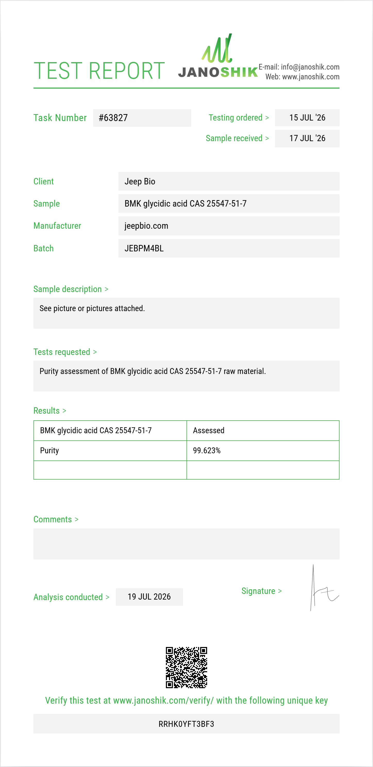 BMK glycidic acid (free acid) CAS 25547-51-7 Purity (HPLC) report by Janoshik Analytical