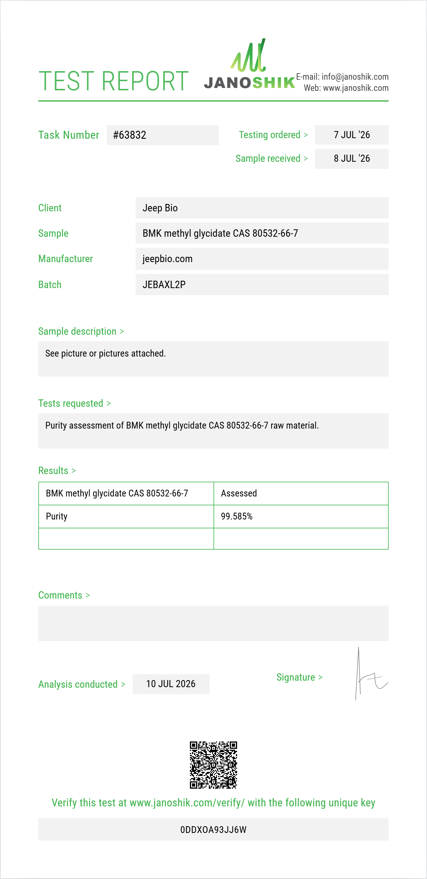 BMK methyl glycidate CAS 80532-66-7 Purity (HPLC) report by Janoshik Analytical