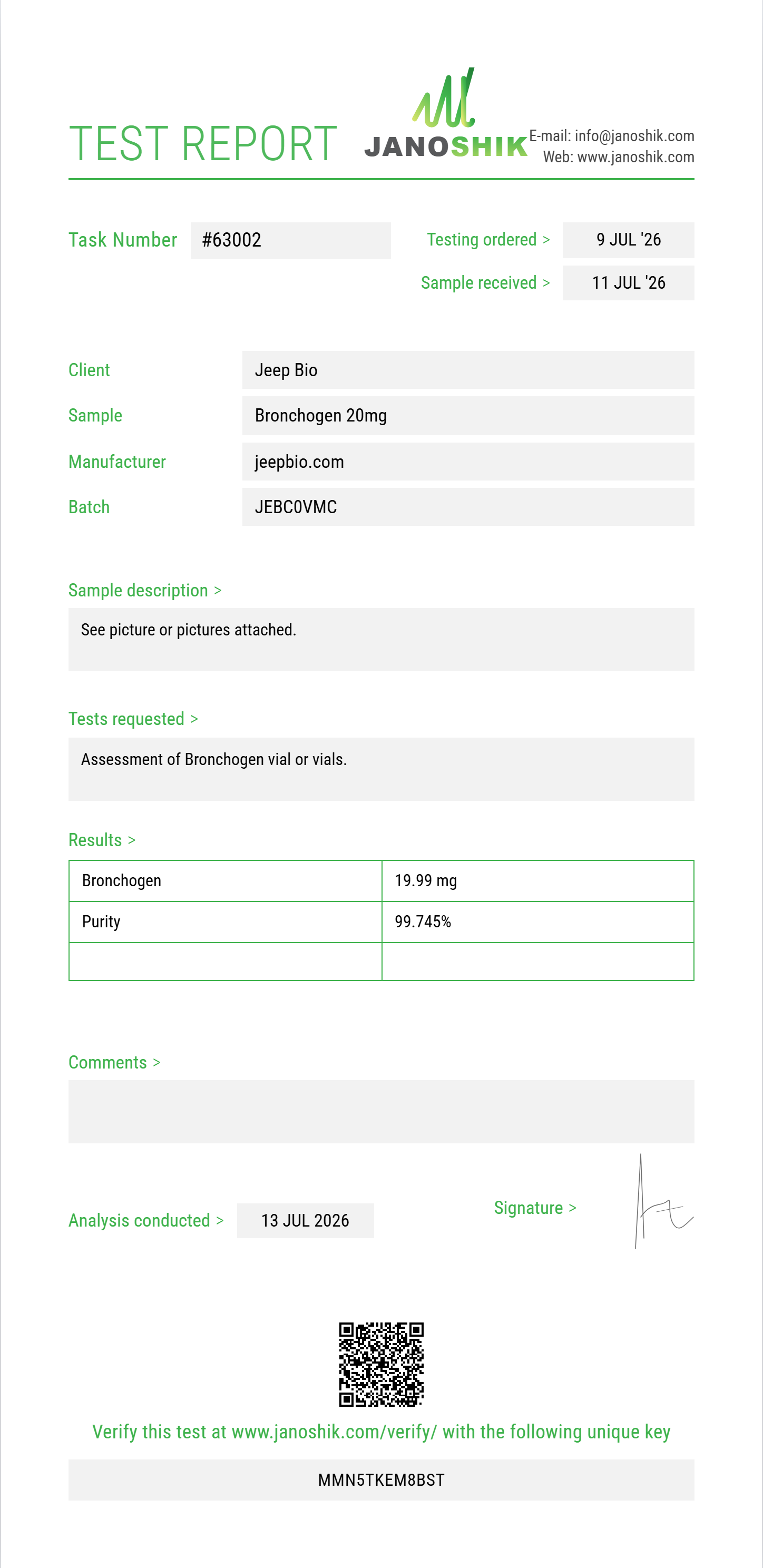 Bronchogen Purity (HPLC) report by Janoshik Analytical