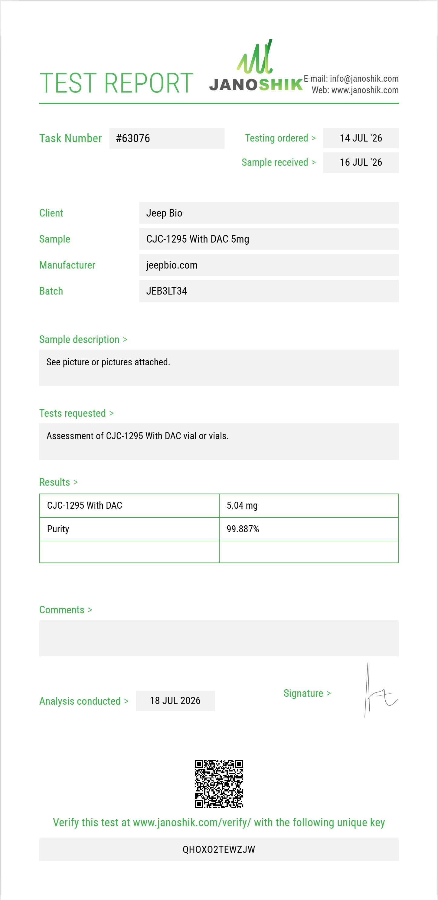 CJC-1295 With DAC Purity (HPLC) report by Janoshik Analytical