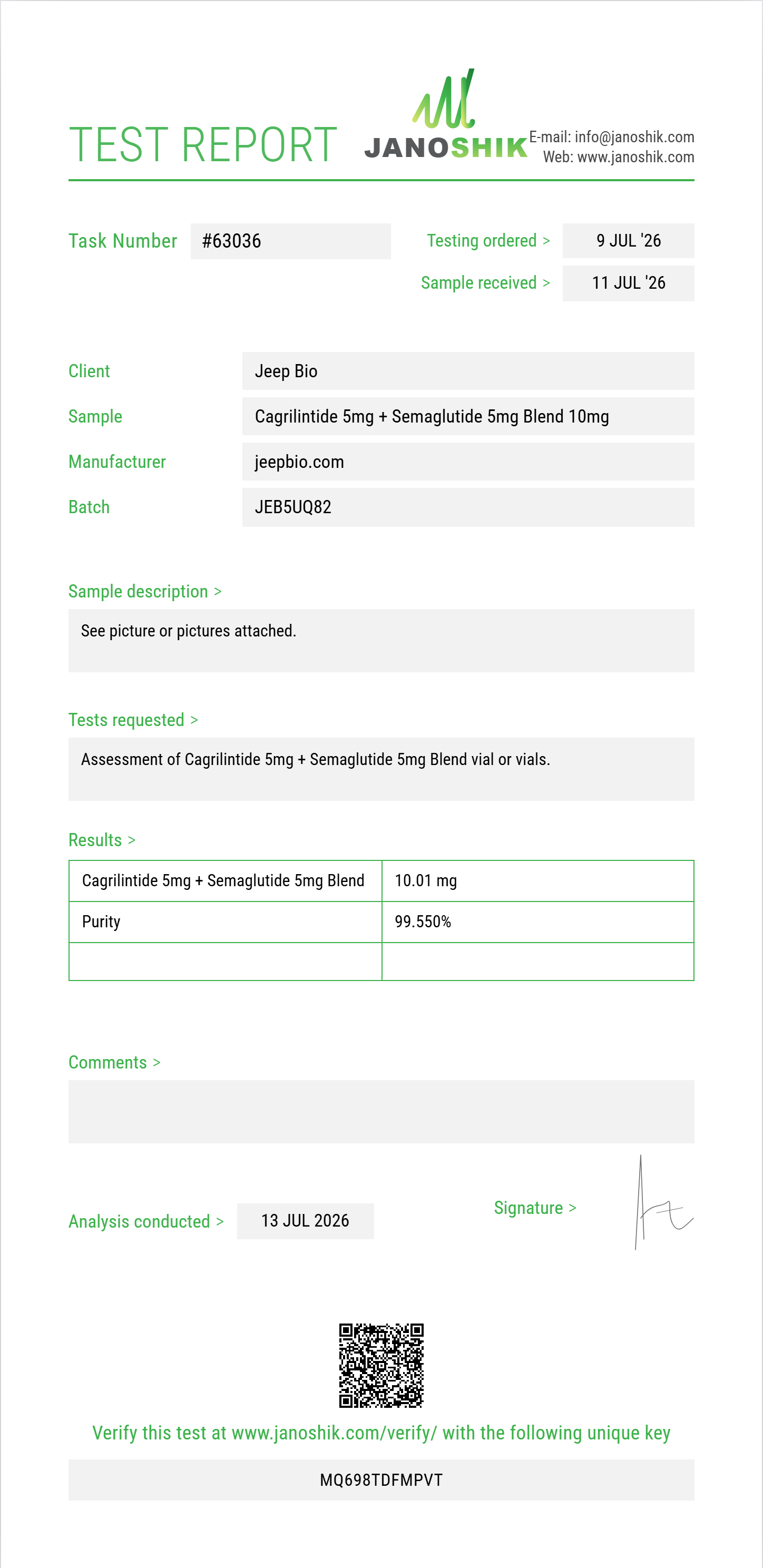 Cagrilintide 5mg + Semaglutide 5mg Blend Purity (HPLC) report by Janoshik Analytical