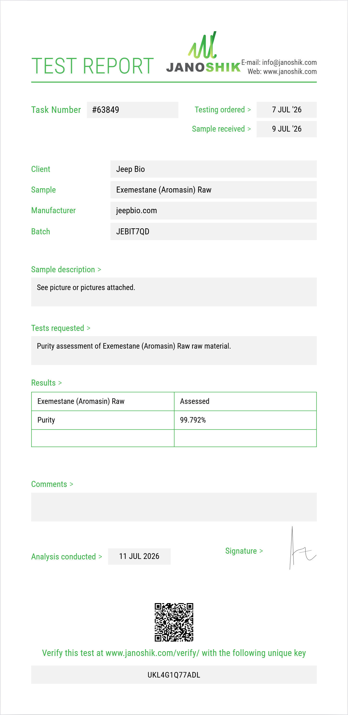 Exemestane (Aromasin) Raw Purity (HPLC) report by Janoshik Analytical