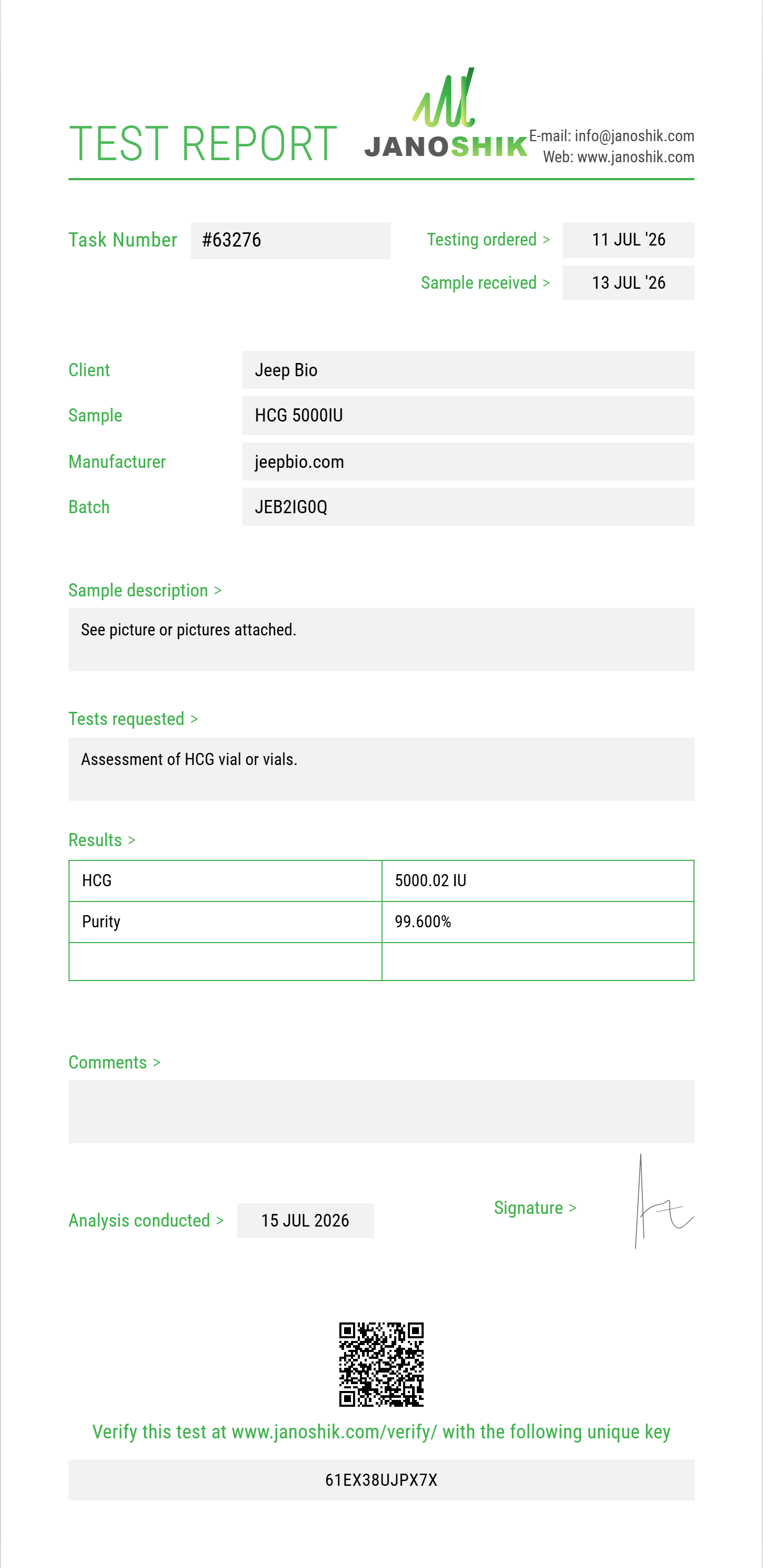 HCG Purity (HPLC) report by Janoshik Analytical