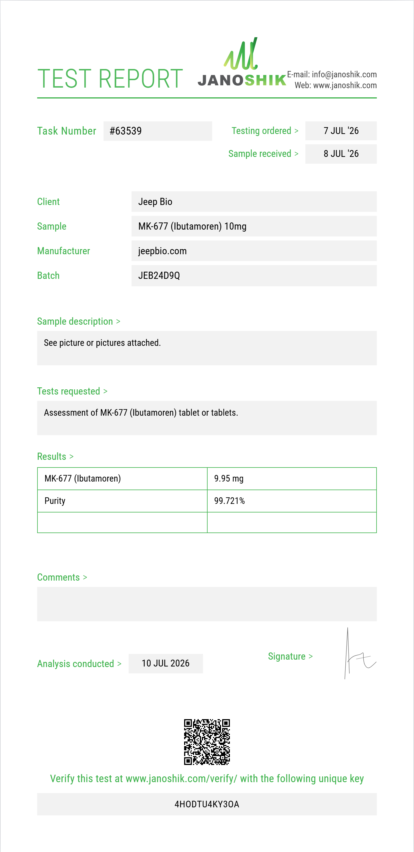 MK-677 (Ibutamoren) Purity (HPLC) report by Janoshik Analytical