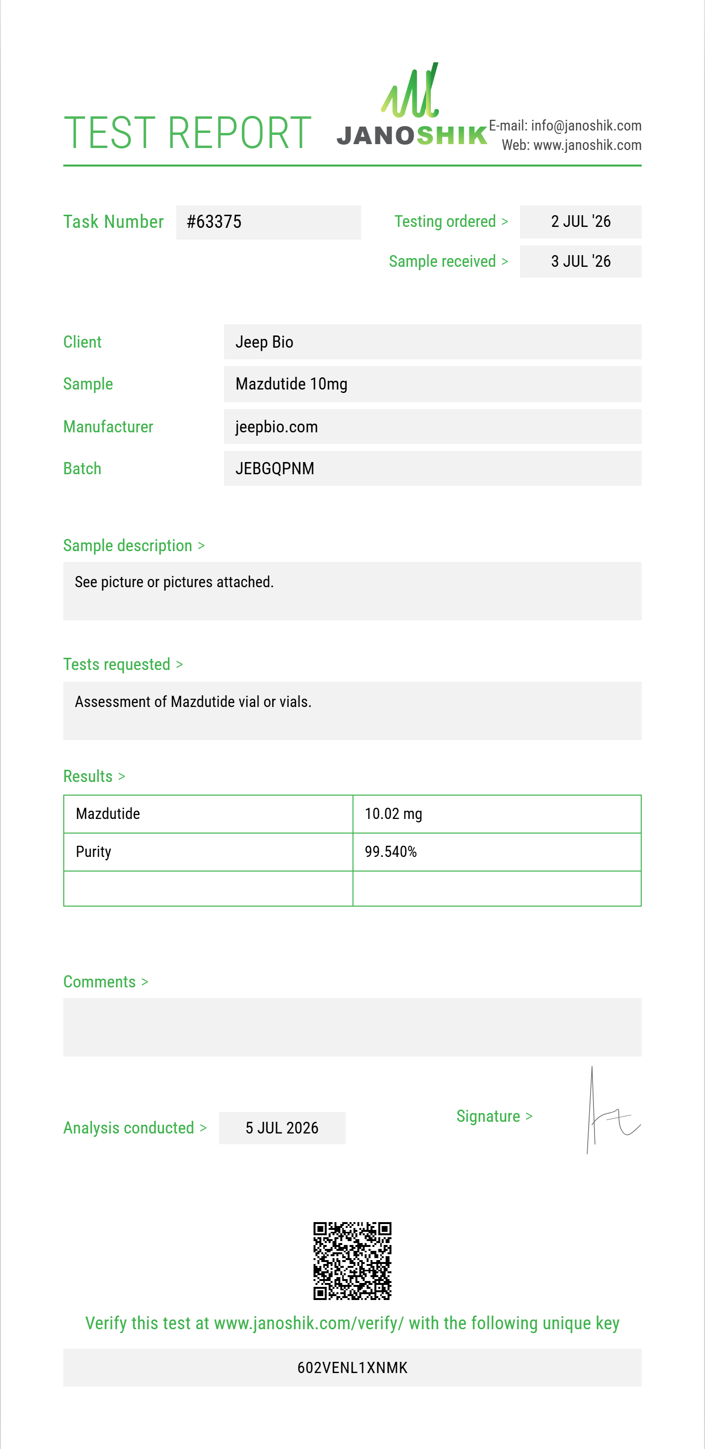 Mazdutide Purity (HPLC) report by Janoshik Analytical