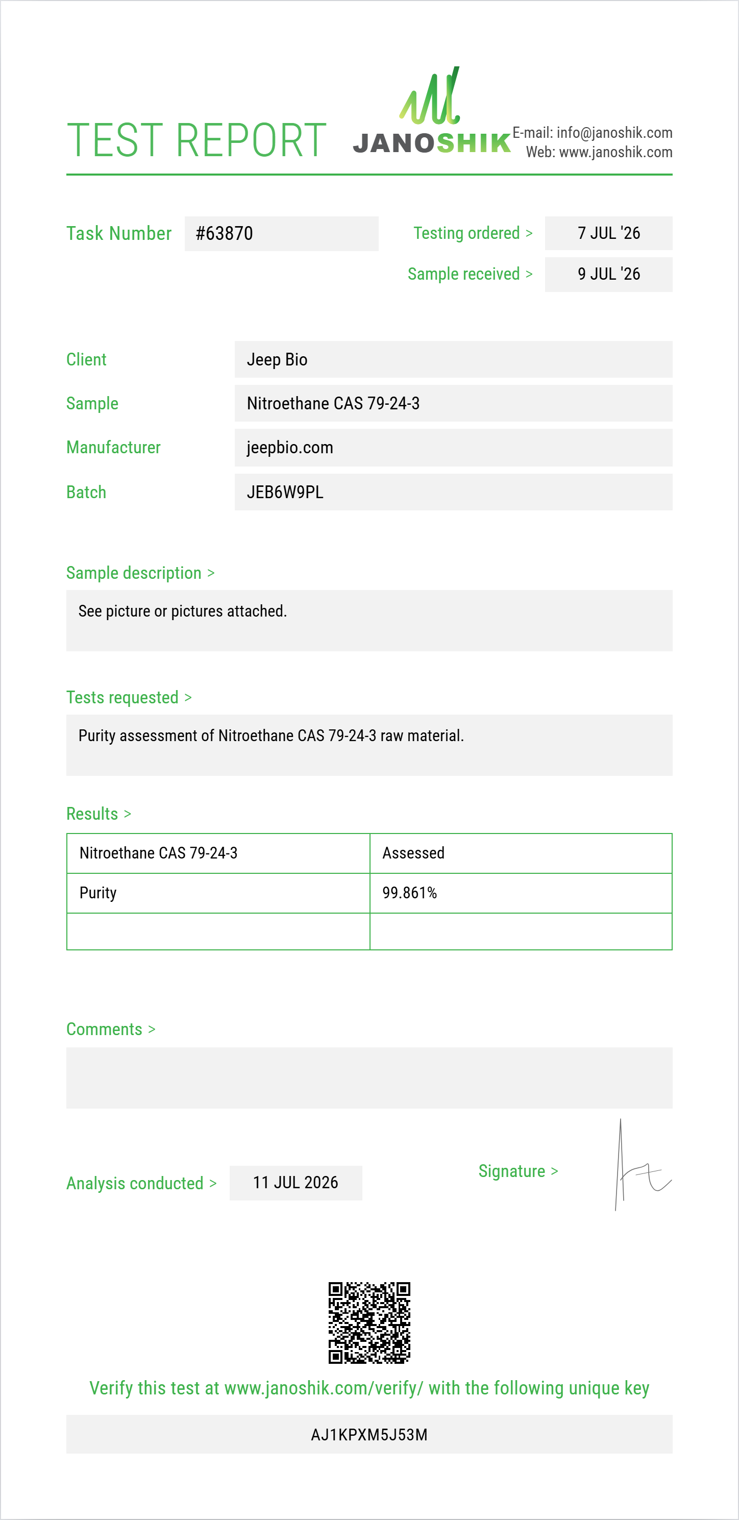 Nitroethane CAS 79-24-3 Purity (HPLC) report by Janoshik Analytical
