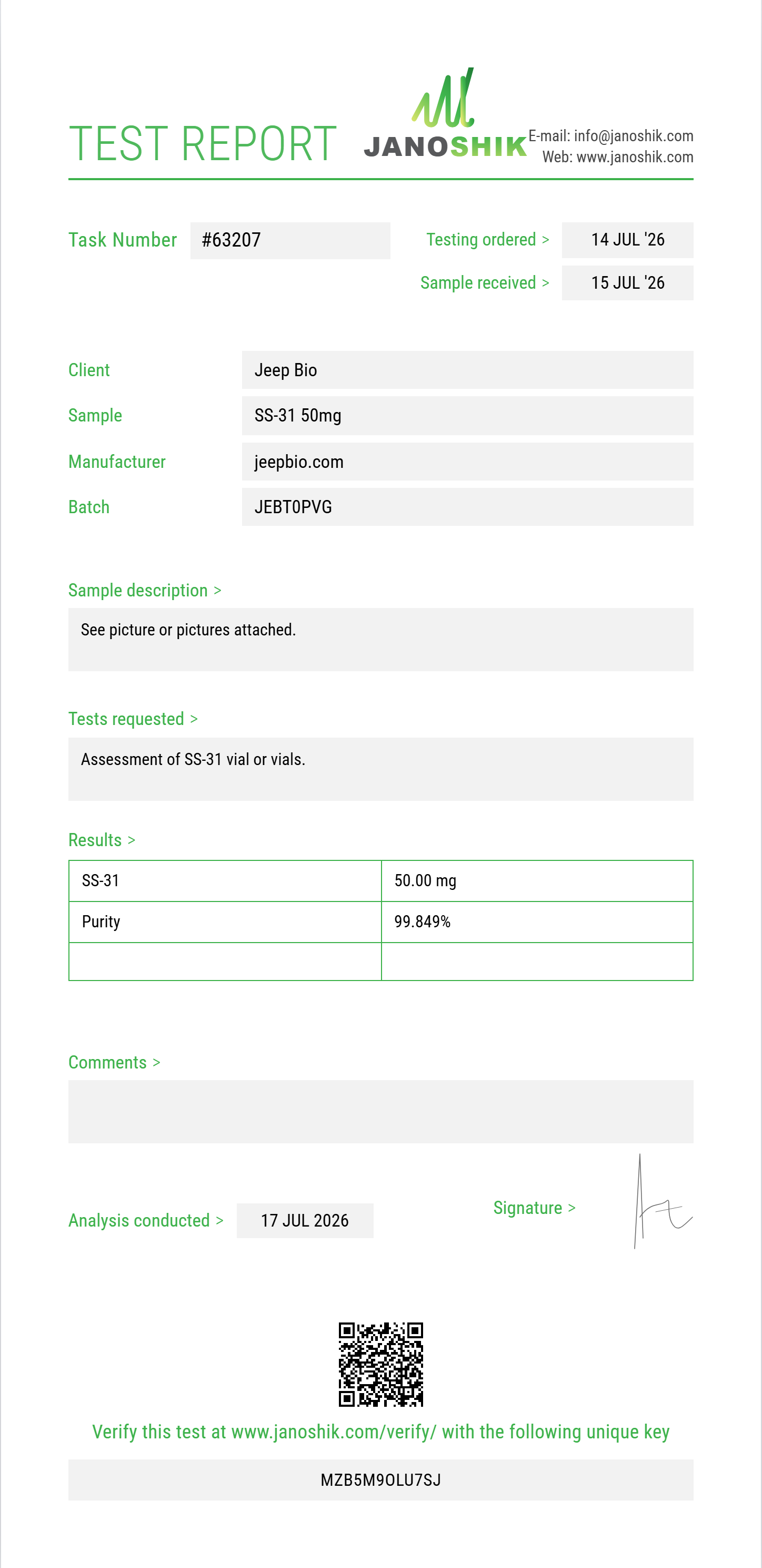 SS-31 Purity (HPLC) report by Janoshik Analytical