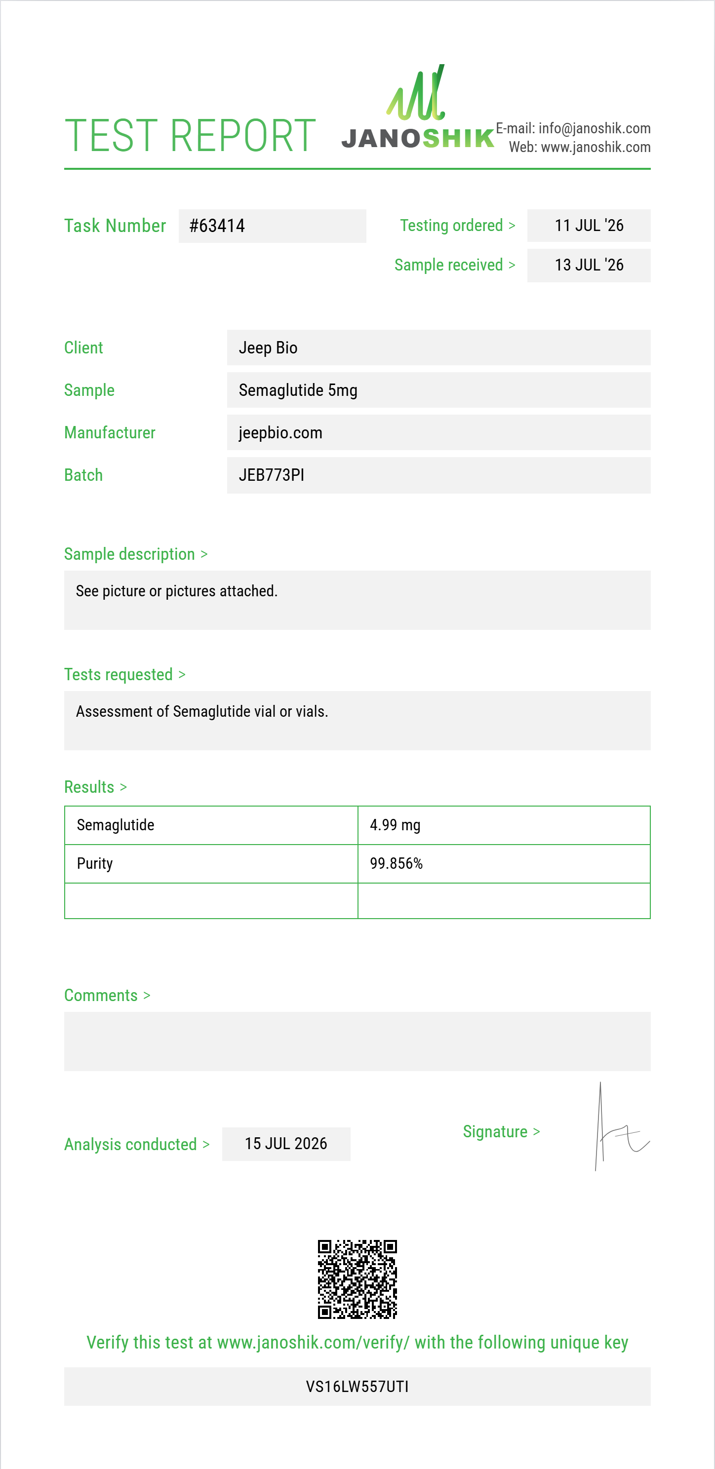 Semaglutide Purity (HPLC) report by Janoshik Analytical