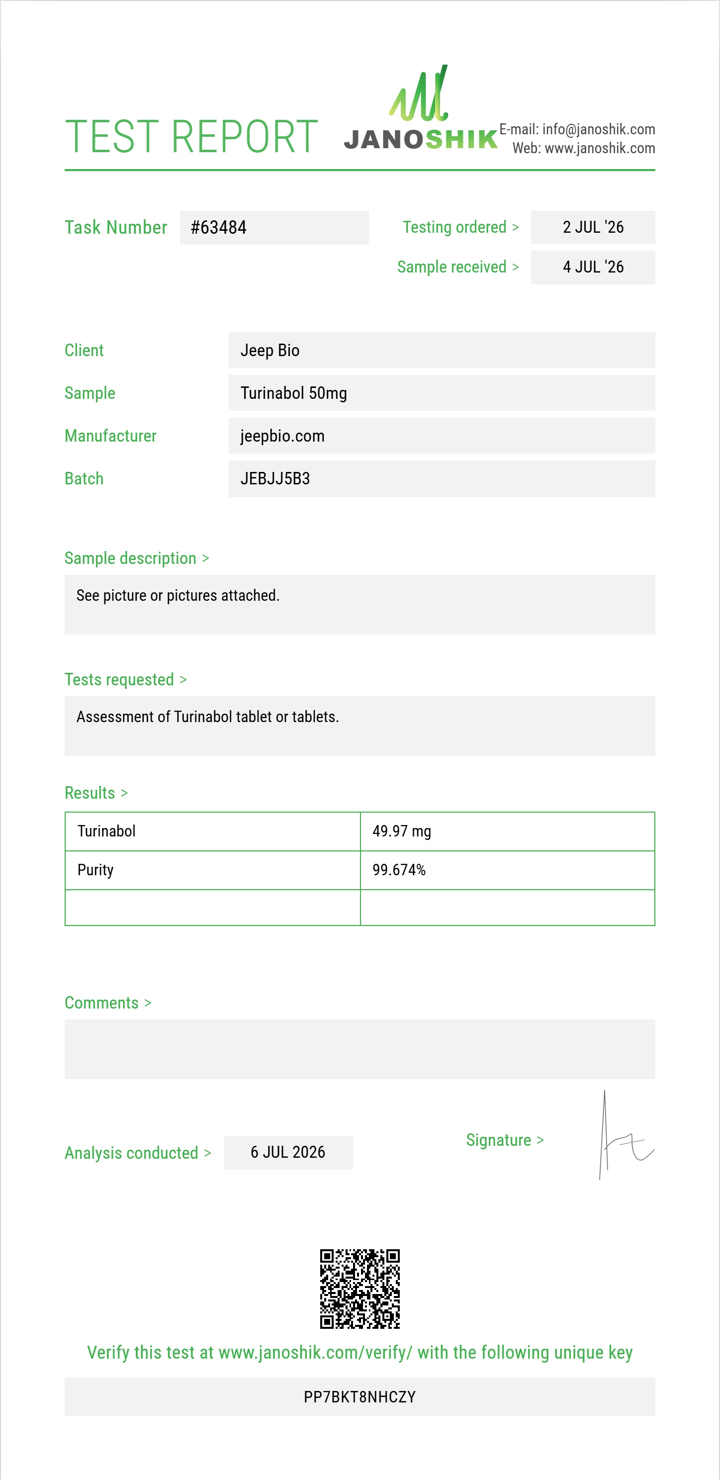 Turinabol Purity (HPLC) report by Janoshik Analytical