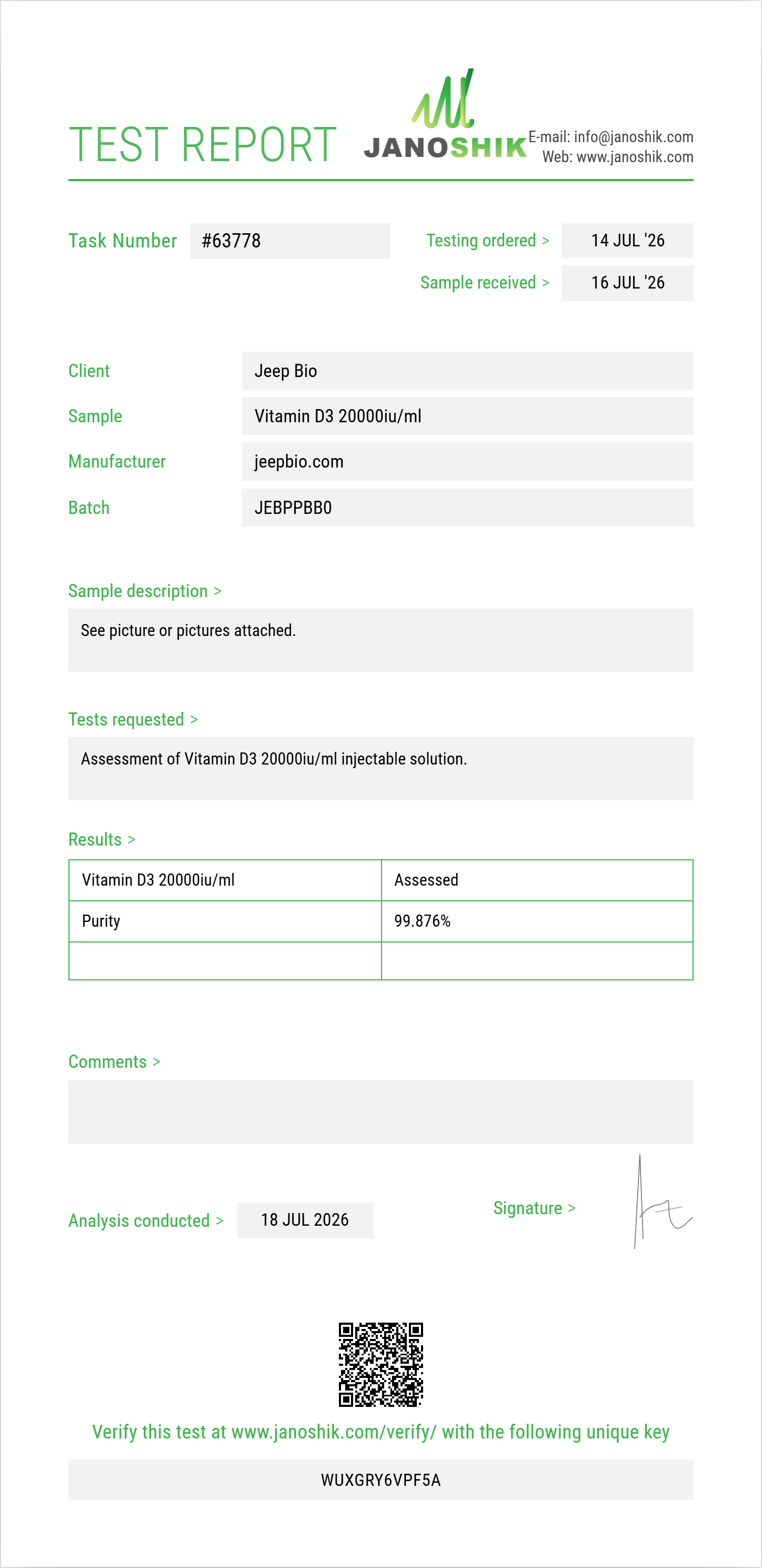 Vitamin D3 20000iu/ml Purity (HPLC) report by Janoshik Analytical