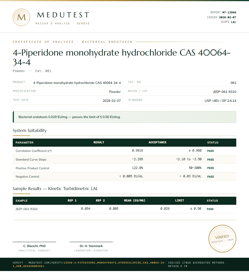 4-Piperidone monohydrate hydrochloride CAS 40064-34-4 Endotoxin report by Medutest