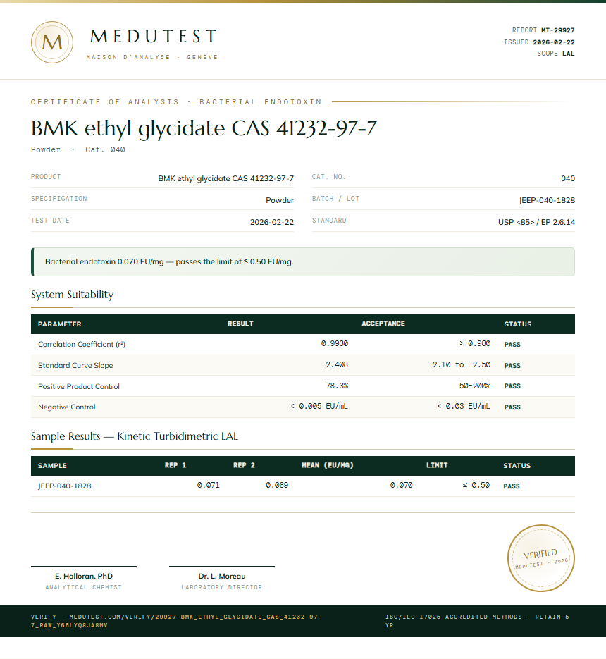 BMK ethyl glycidate CAS 41232-97-7 Endotoxin report by Medutest