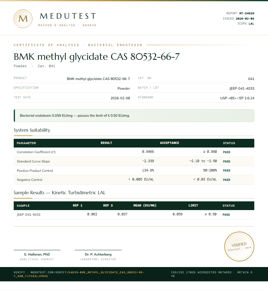 BMK methyl glycidate CAS 80532-66-7 Endotoxin report by Medutest