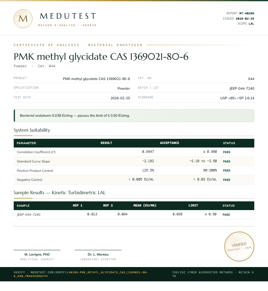 PMK methyl glycidate CAS 1369021-80-6 Endotoxin report by Medutest