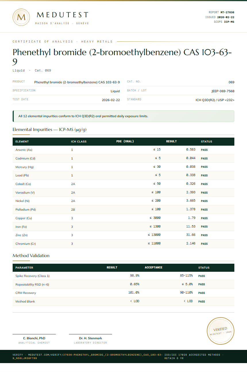 Phenethyl bromide (2-bromoethylbenzene) CAS 103-63-9 Heavy Metals report by Medutest