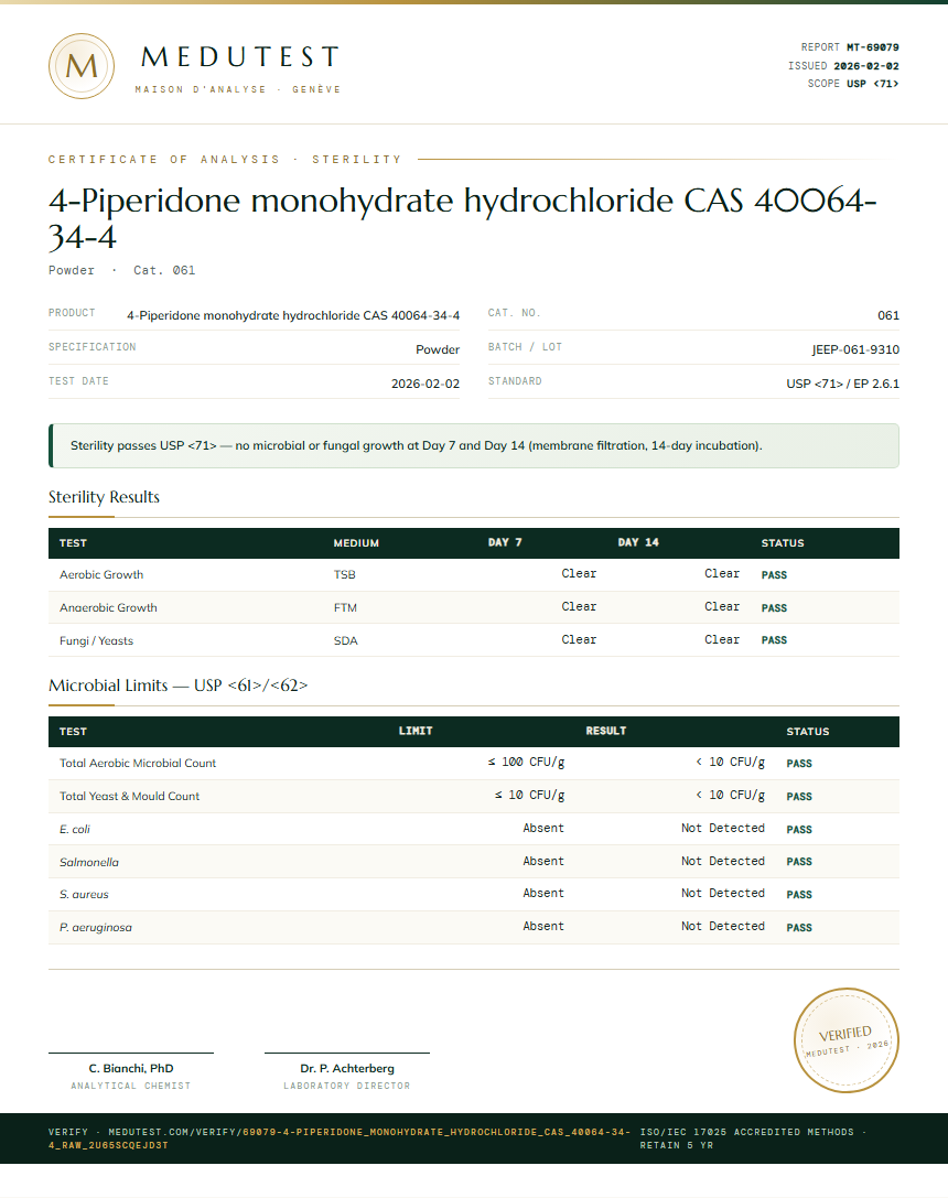 4-Piperidone monohydrate hydrochloride CAS 40064-34-4 Sterility report by Medutest