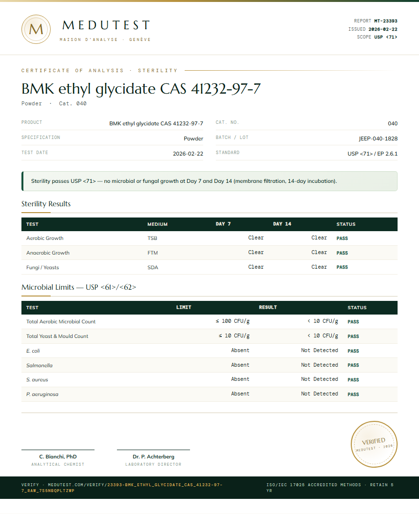 BMK ethyl glycidate CAS 41232-97-7 Sterility report by Medutest