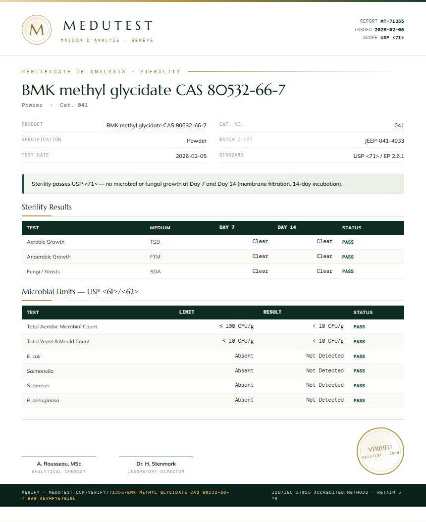 BMK methyl glycidate CAS 80532-66-7 Sterility report by Medutest