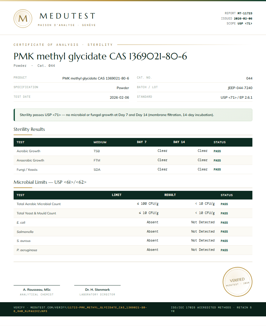 PMK methyl glycidate CAS 1369021-80-6 Sterility report by Medutest