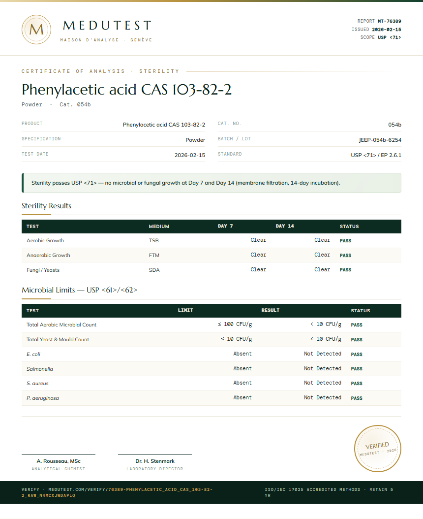 Phenylacetic acid CAS 103-82-2 Sterility report by Medutest
