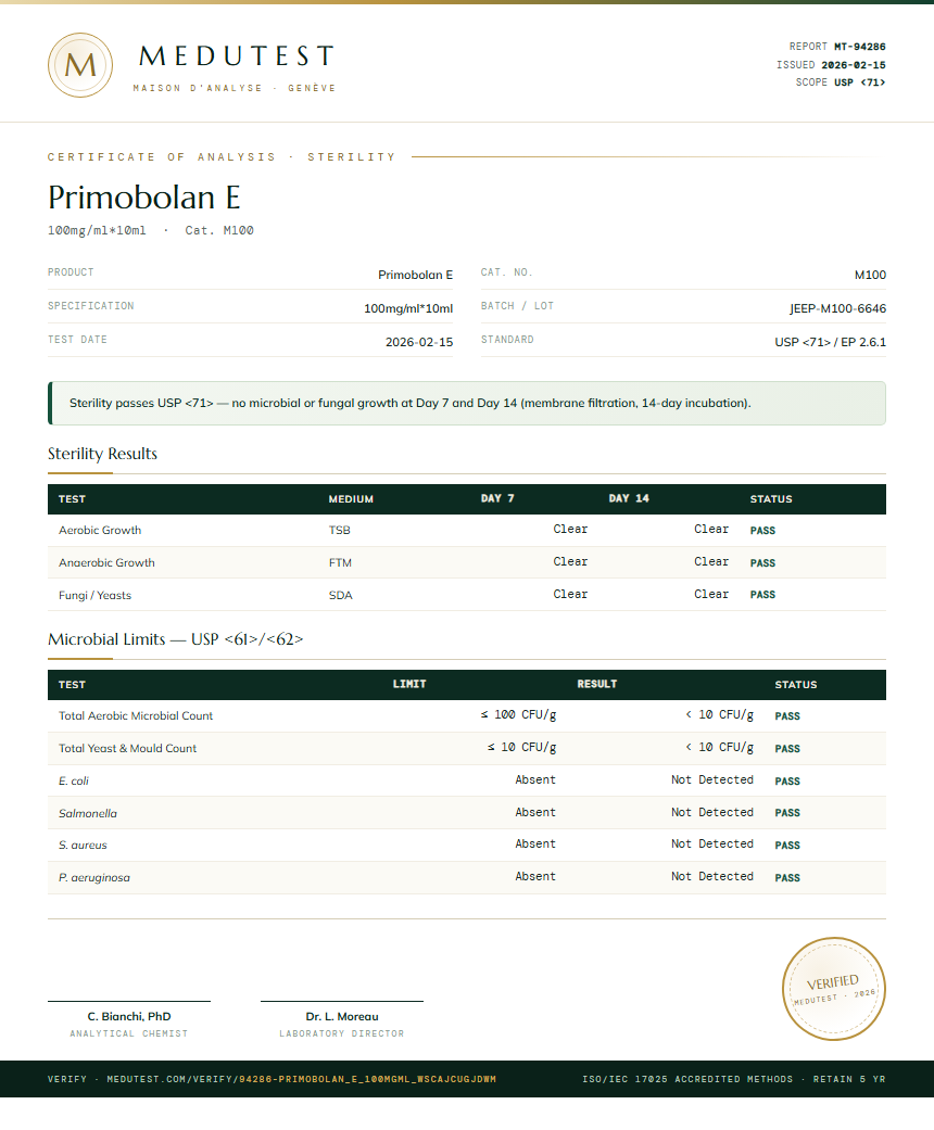 Primobolan E Sterility report by Medutest