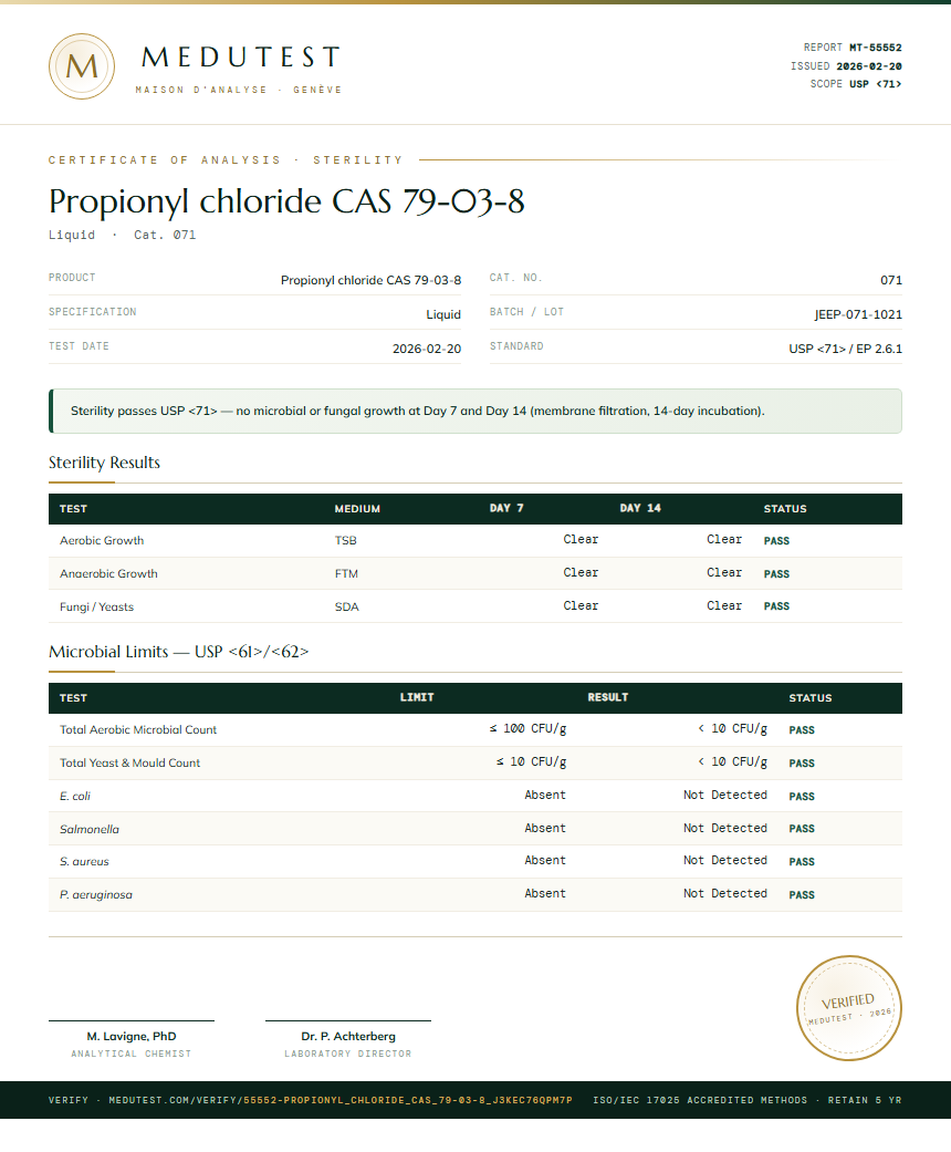 Propionyl chloride CAS 79-03-8 Sterility report by Medutest