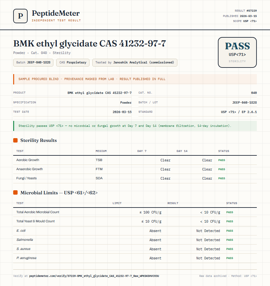 BMK ethyl glycidate CAS 41232-97-7 Sterility report by PeptideMeter