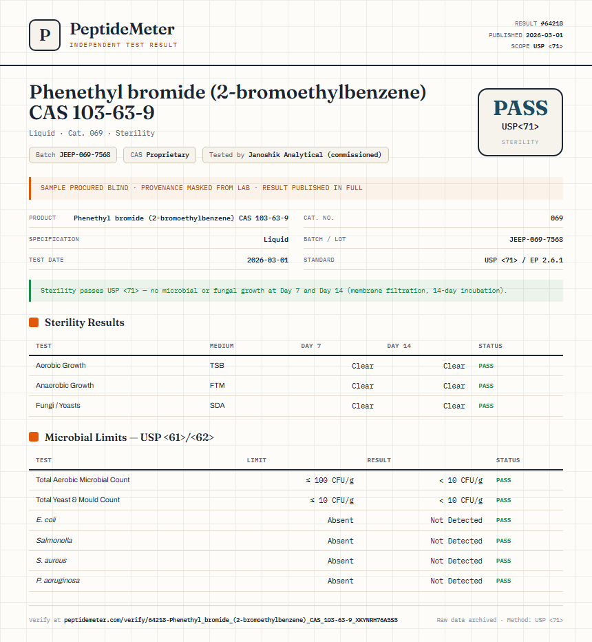 Phenethyl bromide (2-bromoethylbenzene) CAS 103-63-9 Sterility report by PeptideMeter