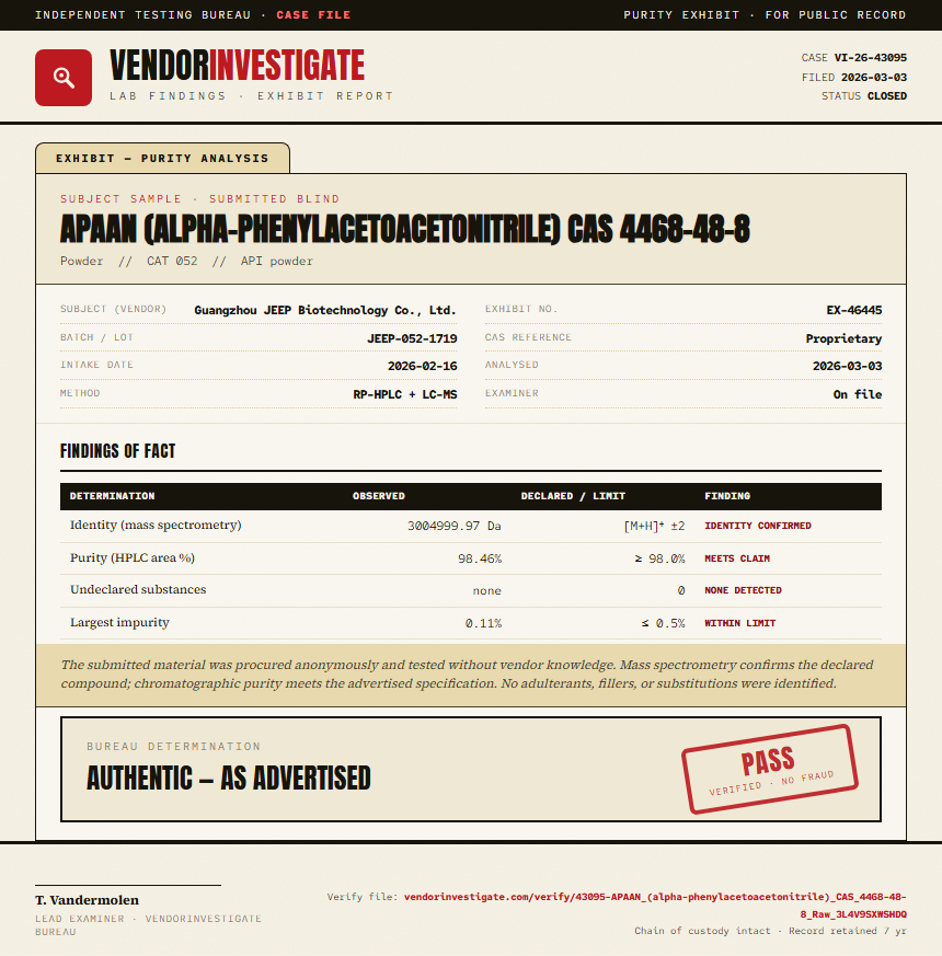 APAAN (alpha-phenylacetoacetonitrile) CAS 4468-48-8 Purity (HPLC) report by VendorInvestigate