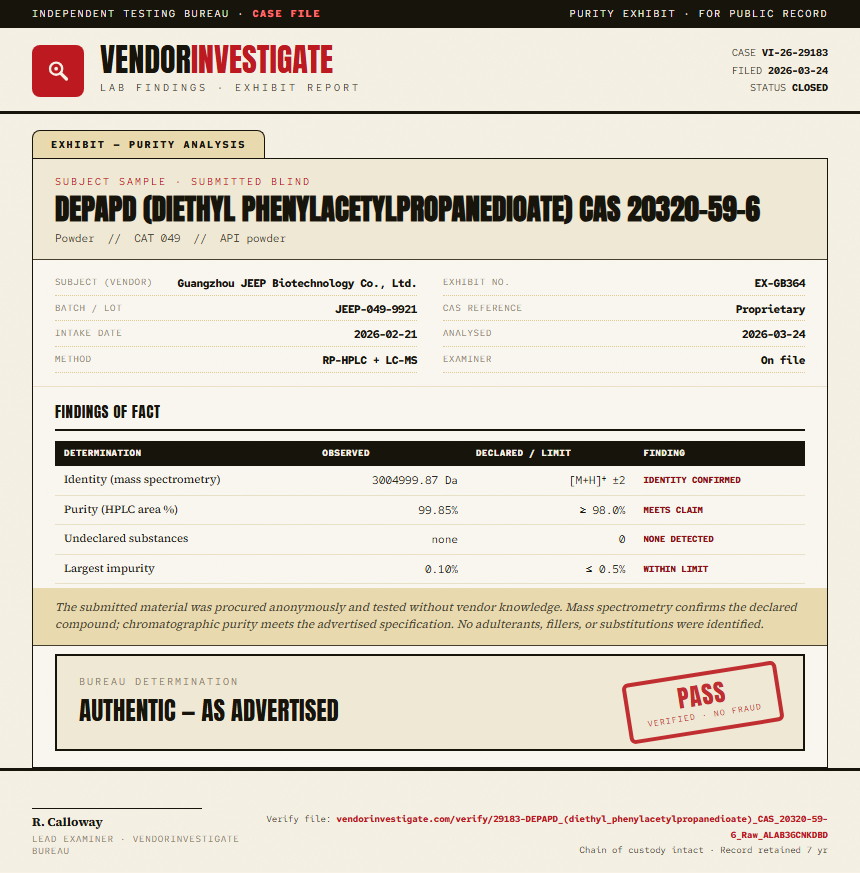 DEPAPD (diethyl phenylacetylpropanedioate) CAS 20320-59-6 Purity (HPLC) report by VendorInvestigate
