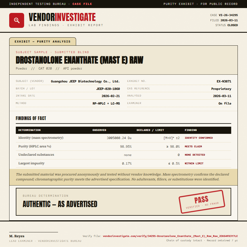 Drostanolone Enanthate (Mast E) Raw Purity (HPLC) report by VendorInvestigate