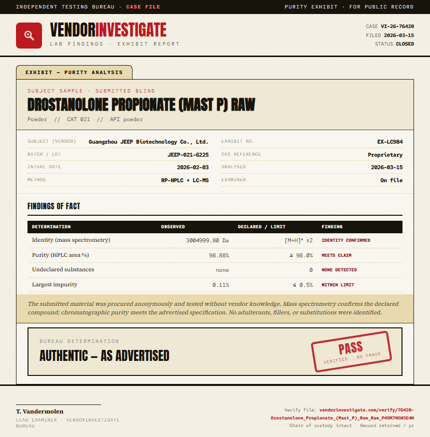 Drostanolone Propionate (Mast P) Raw Purity (HPLC) report by VendorInvestigate