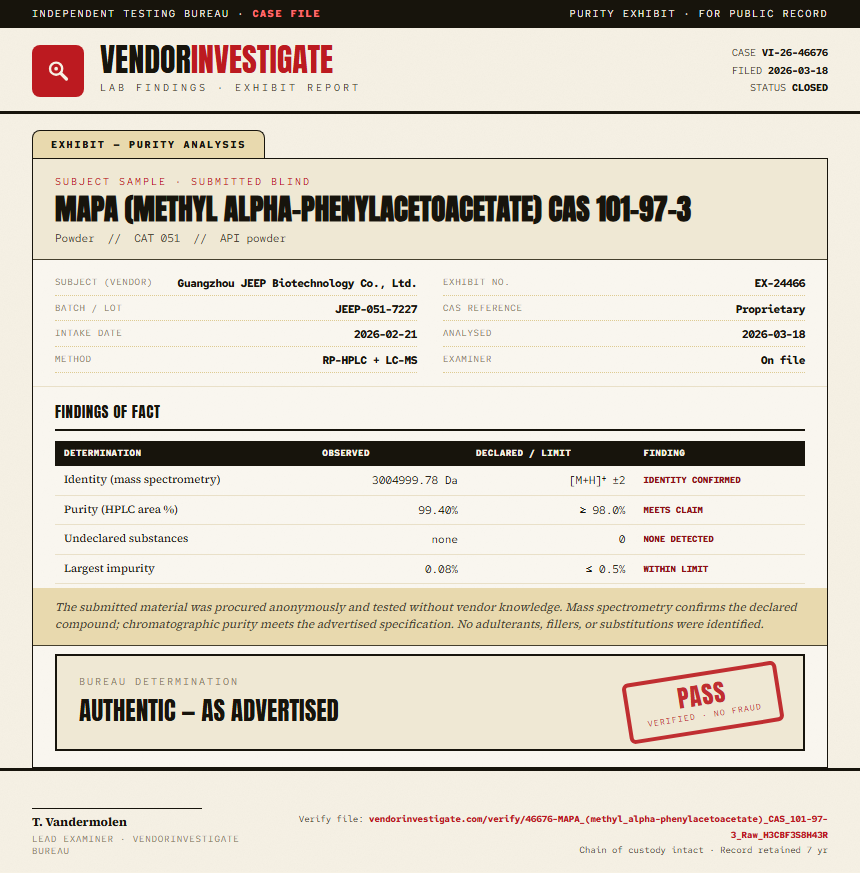 MAPA (methyl alpha-phenylacetoacetate) CAS 101-97-3 Purity (HPLC) report by VendorInvestigate