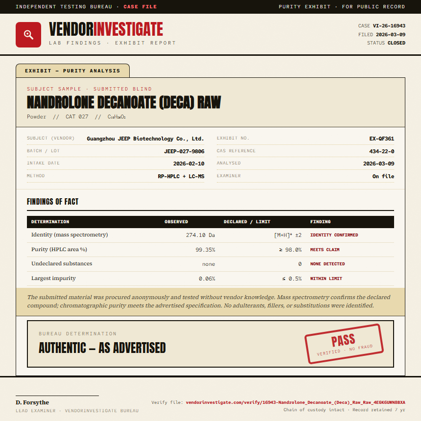 Nandrolone Decanoate (Deca) Raw Purity (HPLC) report by VendorInvestigate