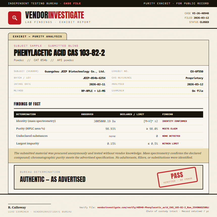 Phenylacetic acid CAS 103-82-2 Purity (HPLC) report by VendorInvestigate