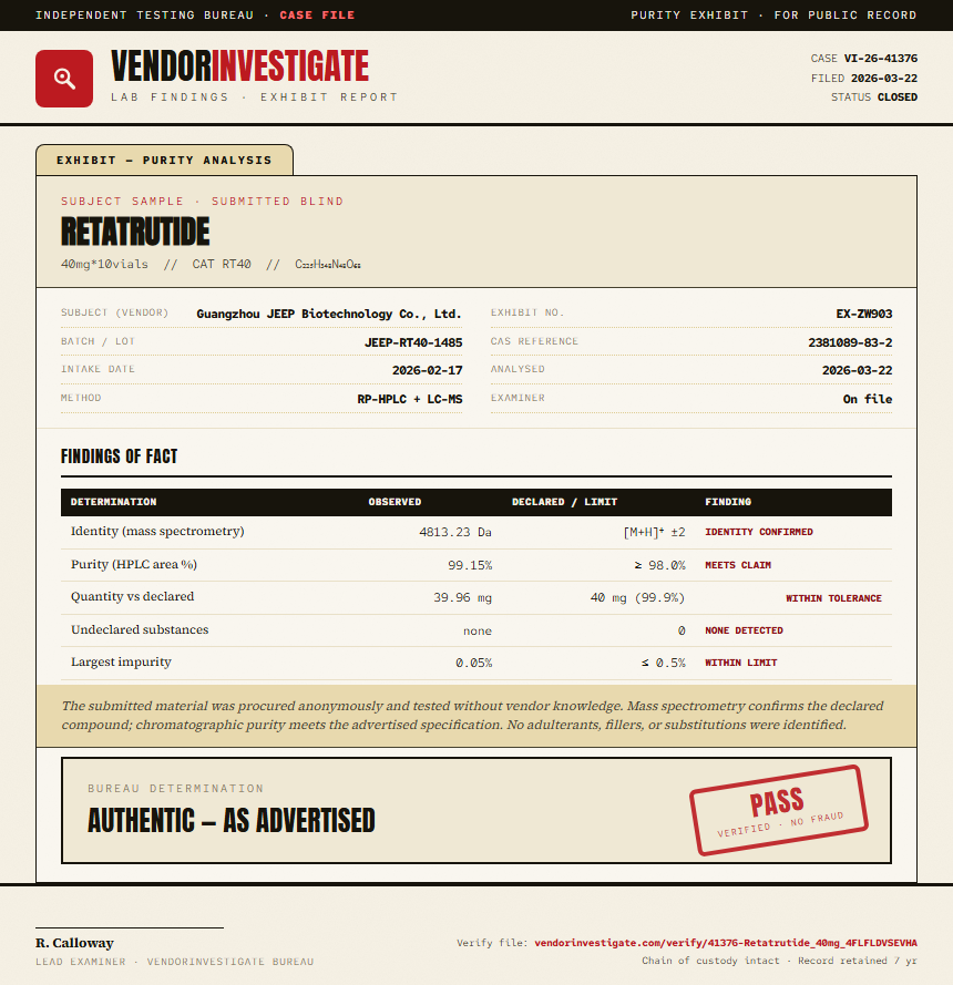 Retatrutide Purity (HPLC) report by VendorInvestigate