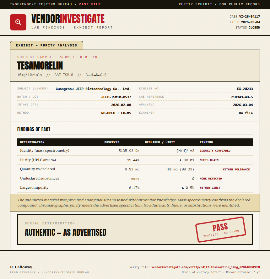 Tesamorelin Purity (HPLC) report by VendorInvestigate