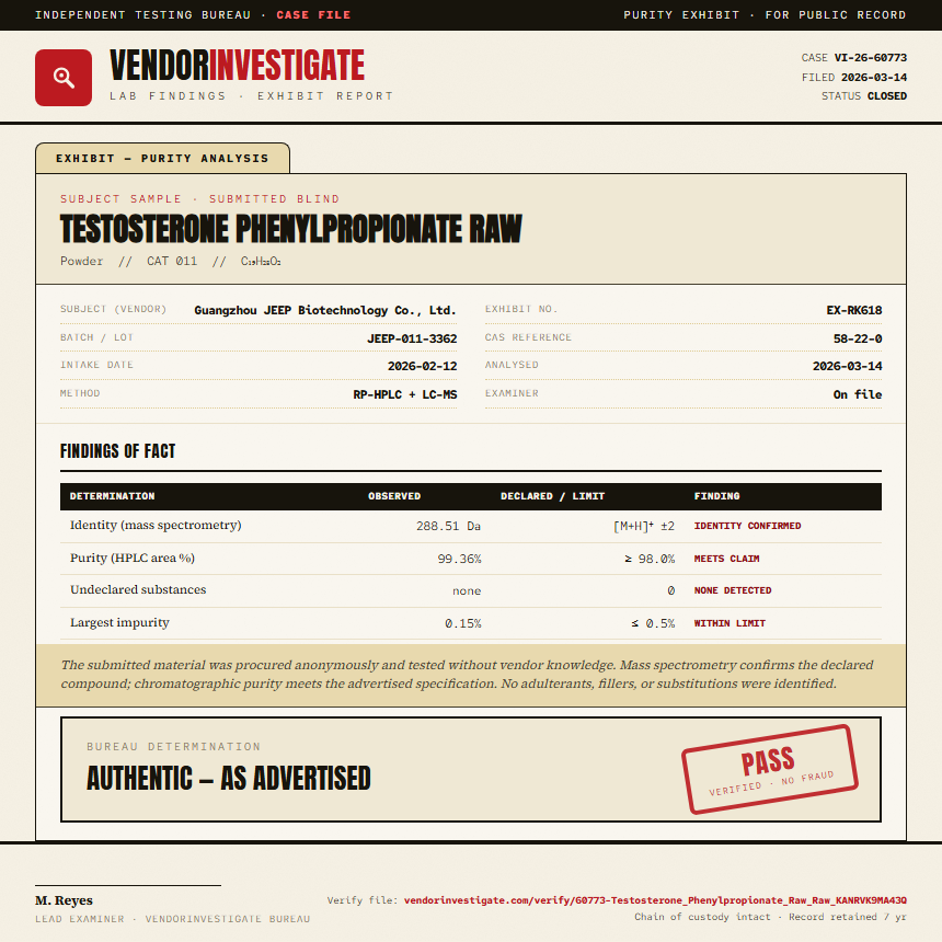 Testosterone Phenylpropionate Raw Purity (HPLC) report by VendorInvestigate