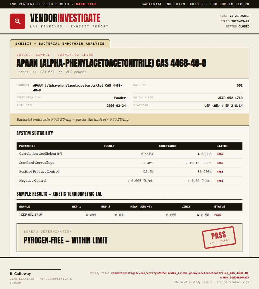 APAAN (alpha-phenylacetoacetonitrile) CAS 4468-48-8 Endotoxin report by VendorInvestigate