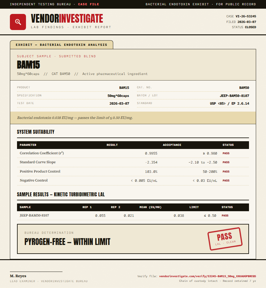 BAM15 Endotoxin report by VendorInvestigate