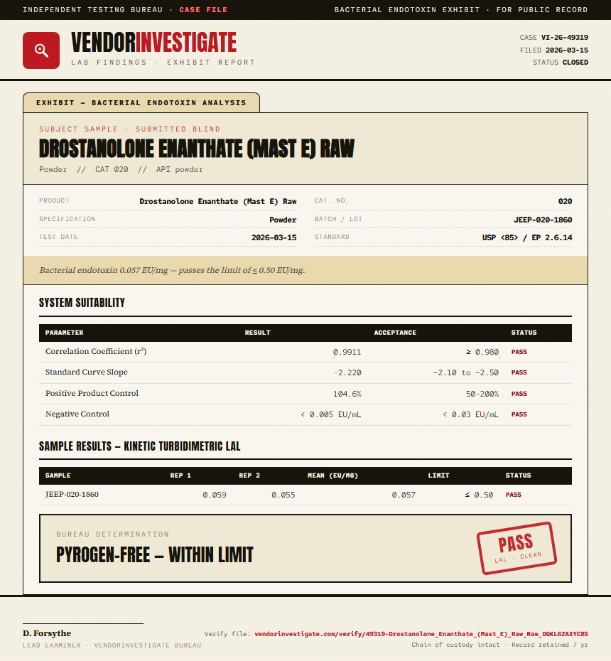 Drostanolone Enanthate (Mast E) Raw Endotoxin report by VendorInvestigate
