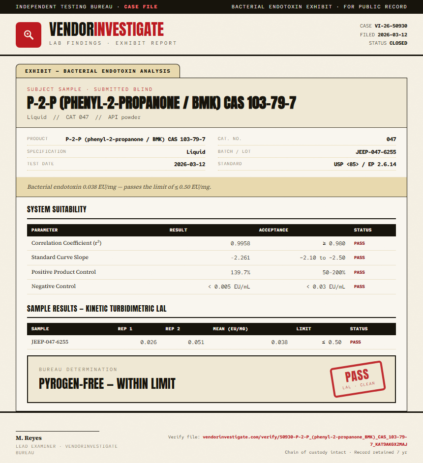 P-2-P (phenyl-2-propanone / BMK) CAS 103-79-7 Endotoxin report by VendorInvestigate
