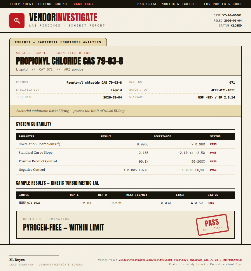 Propionyl chloride CAS 79-03-8 Endotoxin report by VendorInvestigate