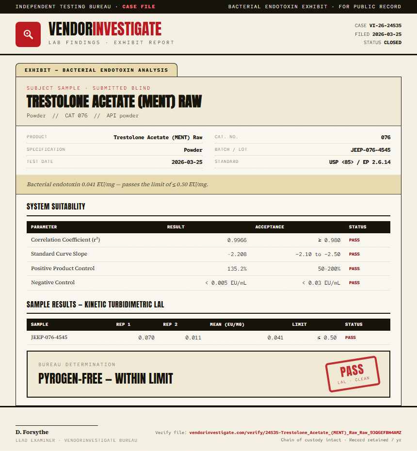 Trestolone Acetate (MENT) Raw Endotoxin report by VendorInvestigate