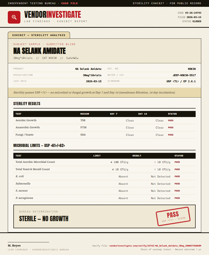 NA Selank Amidate Sterility report by VendorInvestigate
