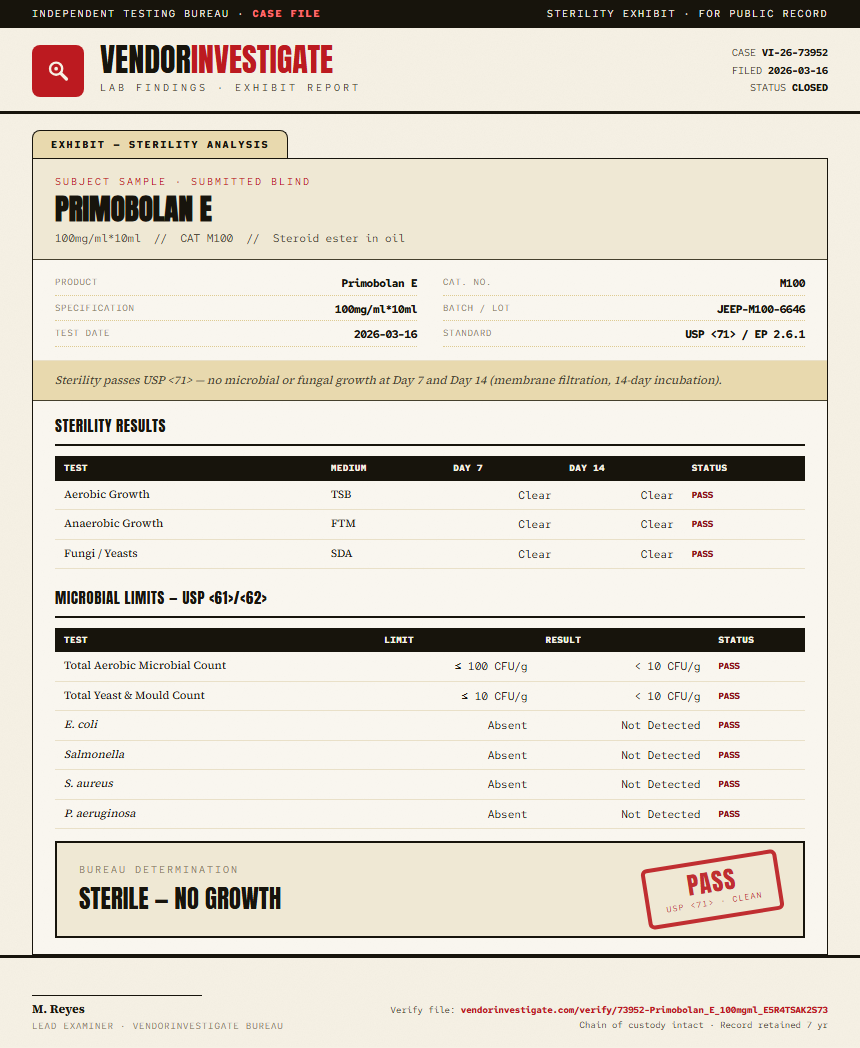Primobolan E Sterility report by VendorInvestigate